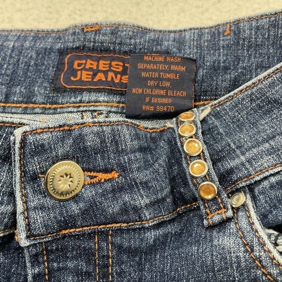 Crest Jean Mini Skirt Size 7/8 Denim Dark Blue Stud Crystal Blink Distressed Hip - Picture 10 of 10